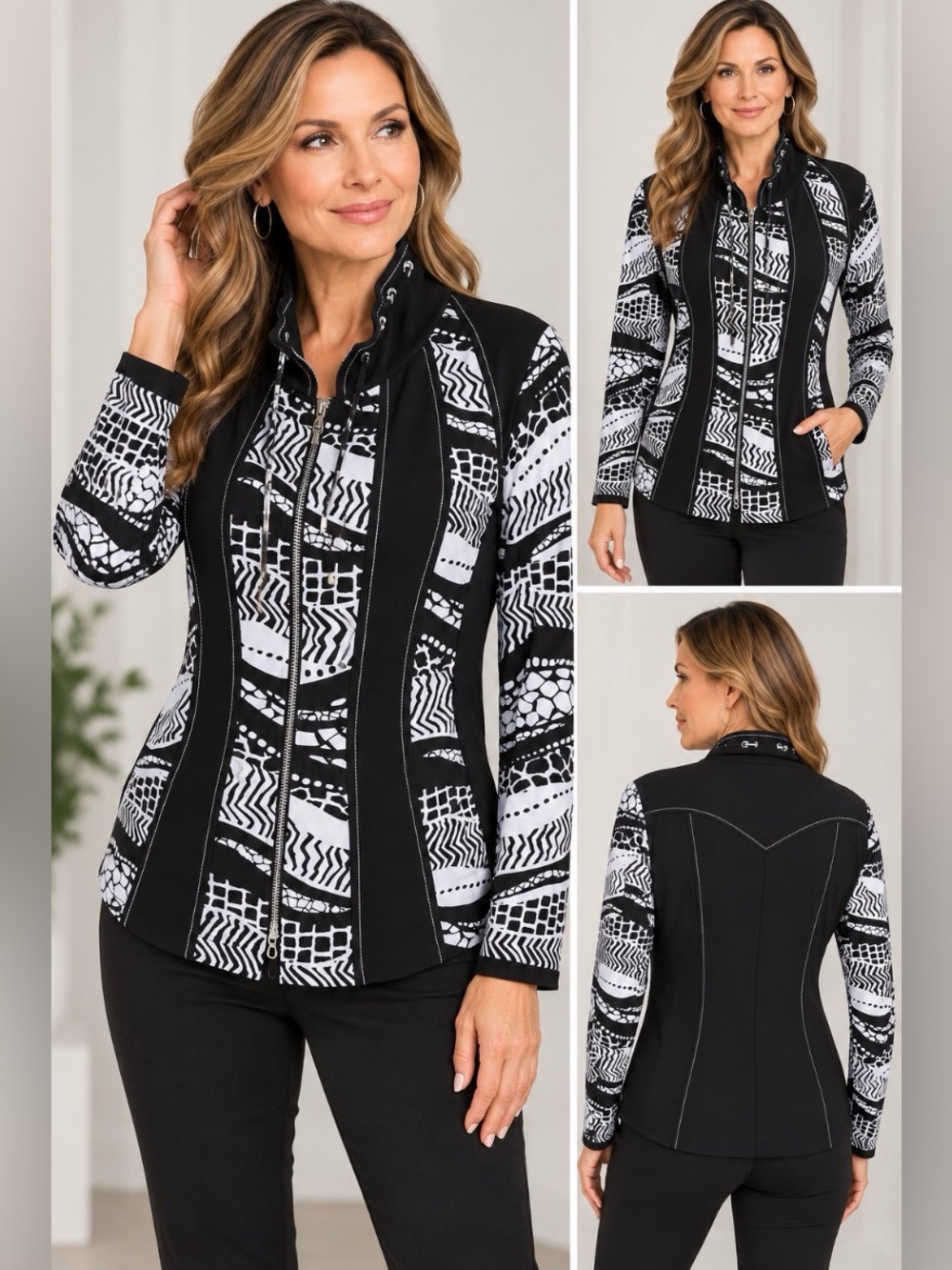 Frank Lyman black & White Patterned Zip-Front Jacket